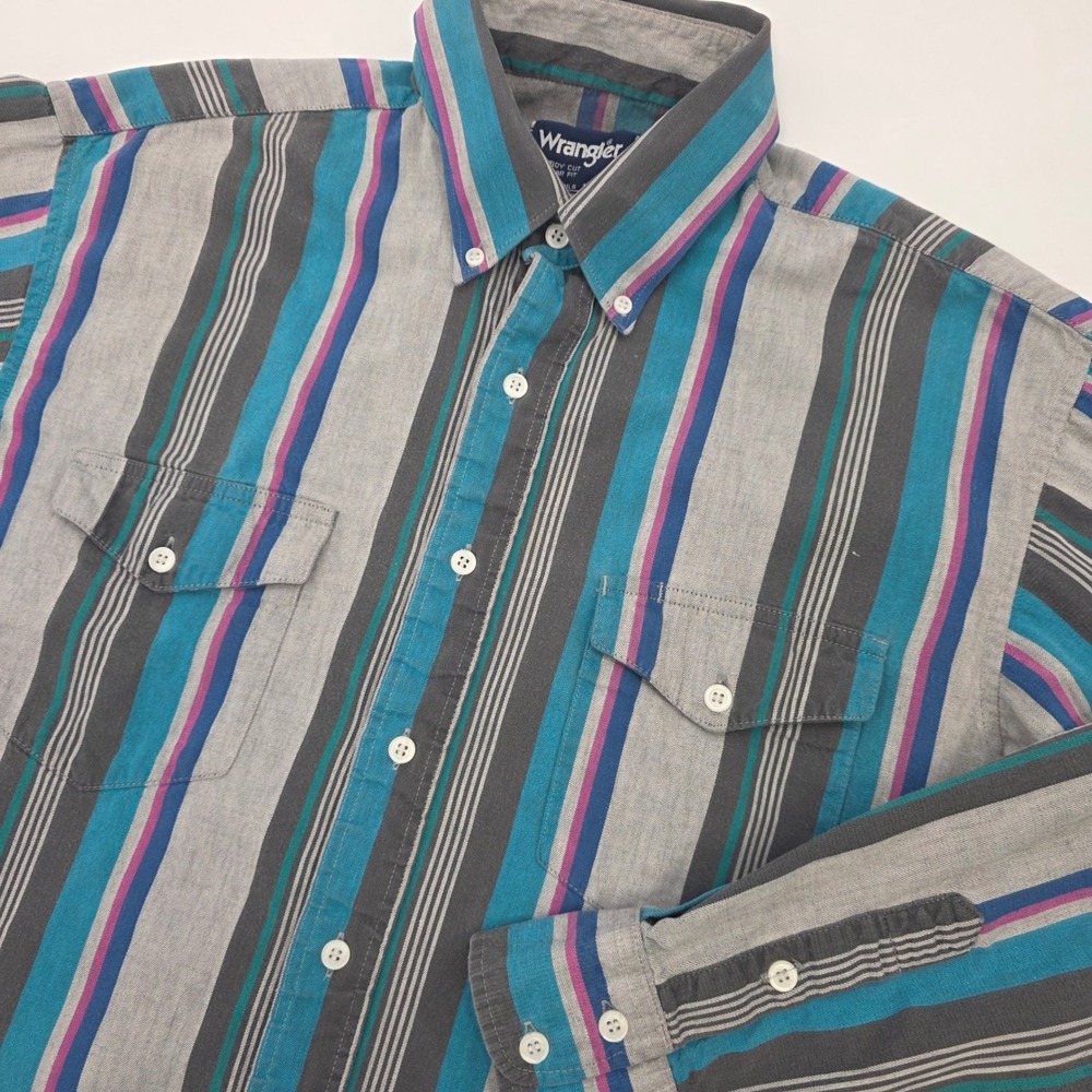 VINTAGE 90S WRANGLER BRUSHPOPPER SHIRT MENS LARGE 16.5-34 TEAL GRAY PURPLE XLONG